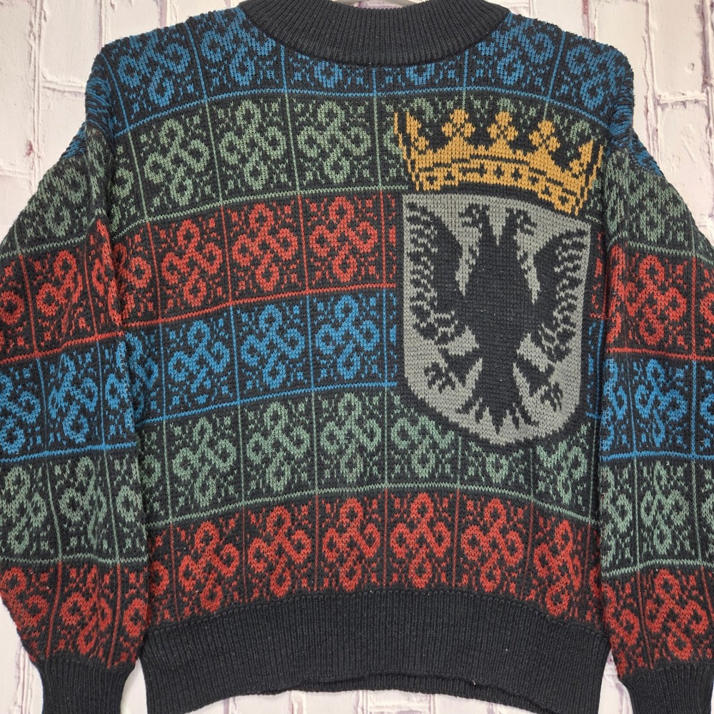VTG Forum Mens XL Geometric Crest Crown Double Pheonix Sweater Black Red‎ Blue